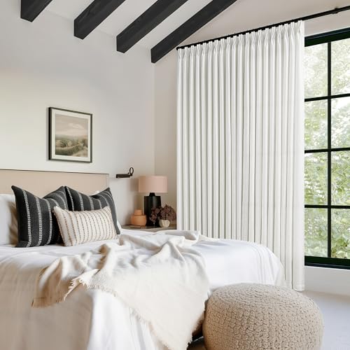 Image of Pinch Pleated Linen Curtains 96 Inches Long 60 Inch Width Linen Blend Ivory | Light Filtering, Window Curtains, Living Room, Bedroom, Patio, Pinch Pleat Drapes, Hooks Rings, 1 Panel, 60x96, Beige White