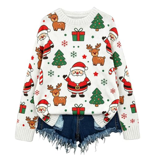 Image of Xmiral Women Novelty Christmas Jumper Sweater All Over Stocking Print White