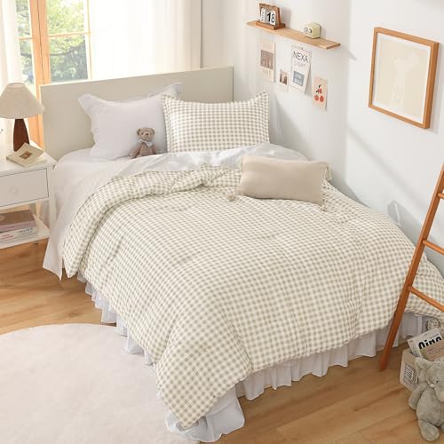 Image of Andency Beige Gingham Comforter Set Full(79x90Inch), Cream Checkered Grid Plaid Buffalo Bed Set for Girls Boys Kids Teens, 3 Pieces Lightweight Polyester Geometric Preppy Bedding