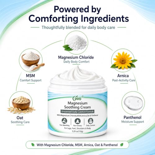Image of DVO Magnesium Cream - Fast Relief, MSM & Arnica for Muscle Pain, Soreness & Cramps, Fast Absorbing, Non-Greasy, Ideal for Legs, Feet & Shoulders, 5.29 oz