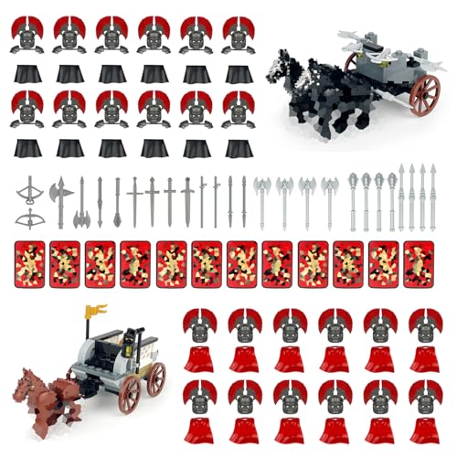 Medieval Roman War Building Block Set, 2 Styles, 24 Soldier Figures, Chariot Horses Figures Accessories, Compatible with Lego 71001 Set, Armor Weapons Pack (East & West Team)