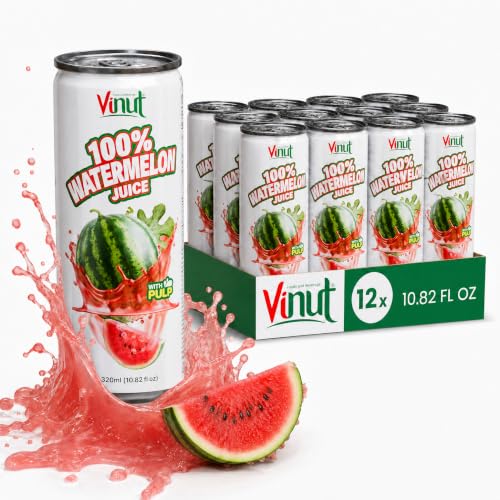 Image of VINUT 100% Watermelon Juice with Pulp, Hydrating Electrolyte Drink, No Added Sugar, Not From Concentrate, Gluten Free & Non-GMO Drink, 100% Vegan /Plant-Based, 10.82 fl oz Cans (Pack of 12)