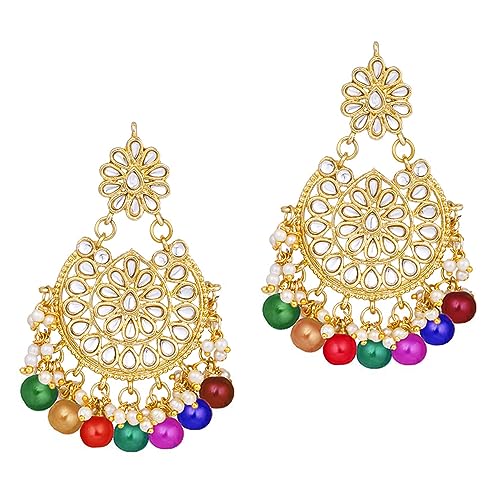 Image of Peora Kundan & Beads Studded Necklace Earrings & Maangtikka Set Ethnic Jewellery for Women & Girls