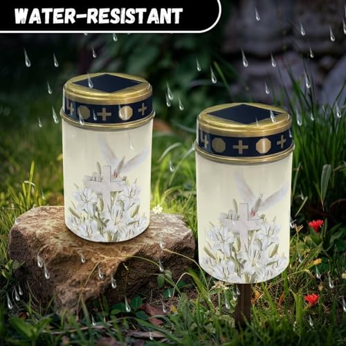 Image of Cross Peace Dove Lily Light for Prayer Cemetery Solar Lights for Grave Cemetery Decor Candle Lamp Waterproof Solar Power Light Eternal Lights for Graves Cemetery Memorial Gift 2 Pcs