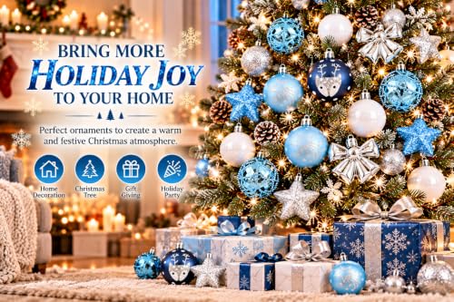 35 Piece Christmas Tree Ornaments Set Decorative Balls with Stars Bows and Reindeer Designs for Holiday Decor Blue White and Silver - image 3