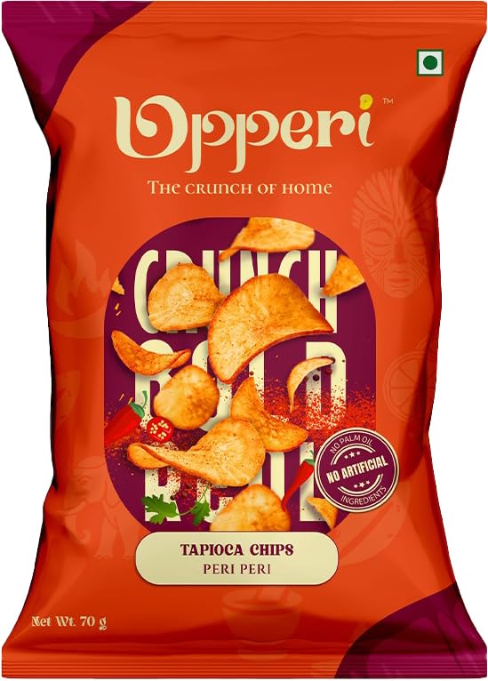 Upperi Peri Peri Kerala Tapioca Chips | 70g | Kerala Kappa Chips | Fiery Peri Peri | Rice Bran Oil Fried | Zero Trans Fat | Lower Fat | NABL Certified | Vegetarian