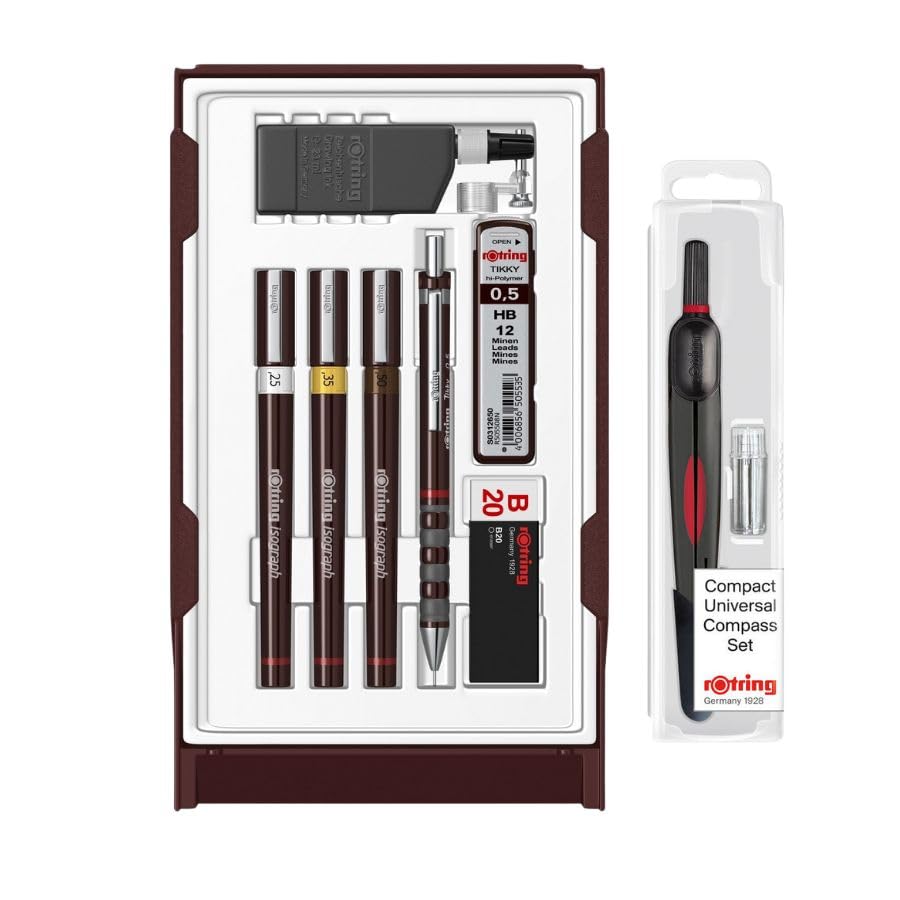 rOtring Isograph College Set avec stylos techniques 0,25/0,35/0,5 mm + porte-mine Tikky 0,5 + encre + gomme + boussole universelle - Kit de dessin et dessin...