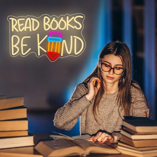 Image of Read Books Be Kind Neon Sign Dimmable Read Books LED Neon Lights for Book Lovers Gifts Bookstore Reading Room Library Study Room Decoration