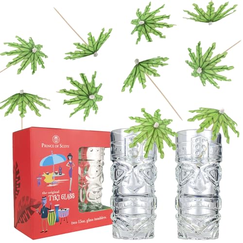 Prince of Scots Tiki Glass Set | 2 Tiki Glasses with Cocktail Umbrellas & Recipe Card | Tropical Barware for Mai Tai, Zombie, and Rum Cocktails | Fun Gift for Home Bar, Luau, Entertaining