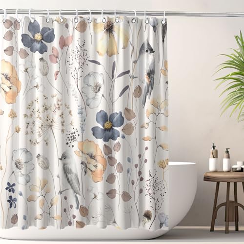 Image of Flower Floral Shower Curtain, Watercolor Wildflower with Botanical and Birds Fabric Shower Curtains Set, Boho Plants Shower Curtains with Hooks, Minimalist Bthroom Decor 72x72inch