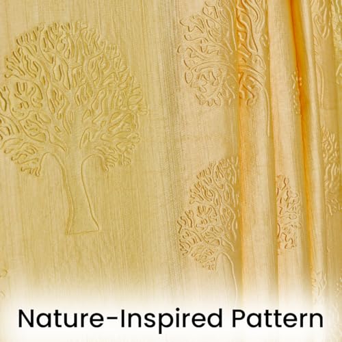 Image of Fabrilia Embossed Tree Motif Light Filtering Curtains for Living Room & Bedroom - Set of 2, Yellow (9 feet)