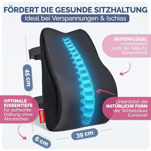 Blumtal ergonomisches Rückenkissen aus Memory Foam - stützendes Lendenwirbelkissen + OEKO-TEX zertifiziertem Bezug - Rückenlehne Kissen mit Verschluss - Rückenstütze - Rückenstützkissen - Lendenkissen