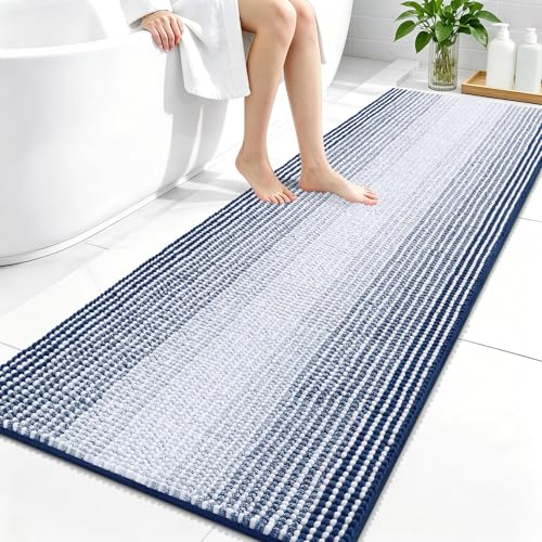 Image of OLANLY Bathroom Runner Rugs 59x24, Extra Soft Absorbent Chenille Striped Bath Rugs, Rubber Backing, Machine Wash Dry, Long Bath Mats for Bathroom, Tub, Shower, Home Decor Accessories, Navy