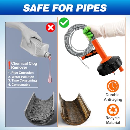 Image of Drain Auger 33Ft, Auto-Feed Drain Snake Hair Drain Clog Remover, Orange | Drill Adapter for Quickly Unclogging, Long Flexible Plumbing Snake for Deep Pipe Clog, Bathroom Shower, Bathtub, Kitchen Sink