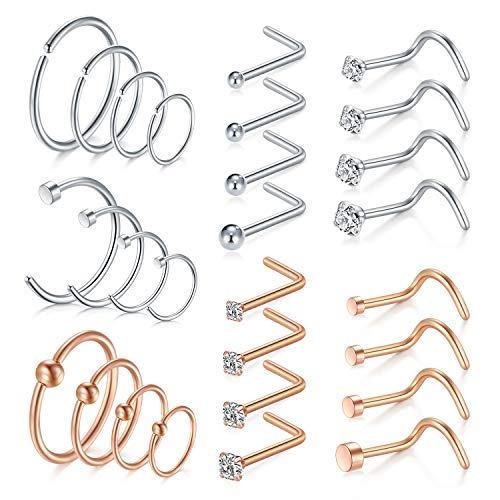 MODRSA Nose Rings 20g Nose Rings Hoops Nose Studs Nose Rings for Women Surgical Steel Nose Hoops 20 gauge Nose Screw Nose Piercing Jewelry Silver Rose Gold