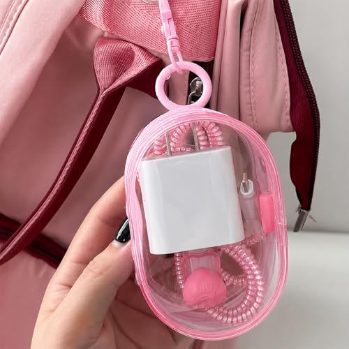 Image of GadgetBite Travel Cable Storage Pouch PVC Bag Compact Clear Organizer for Chargers, Earphones & Data Cables Portable Storage Solution for Travel (Pink, Pack of 1)