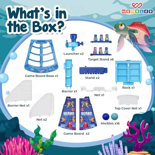 Image of Wembley Ocean Shooting Arcade Board Game for Kids | Aqua 2 Player Pinball Marble Shooter Tabletop Toy | Indoor Competitive Skill Activity Game | Birthday Gift for Boys Girls Age 5 6 7 8 9 10 11 Years