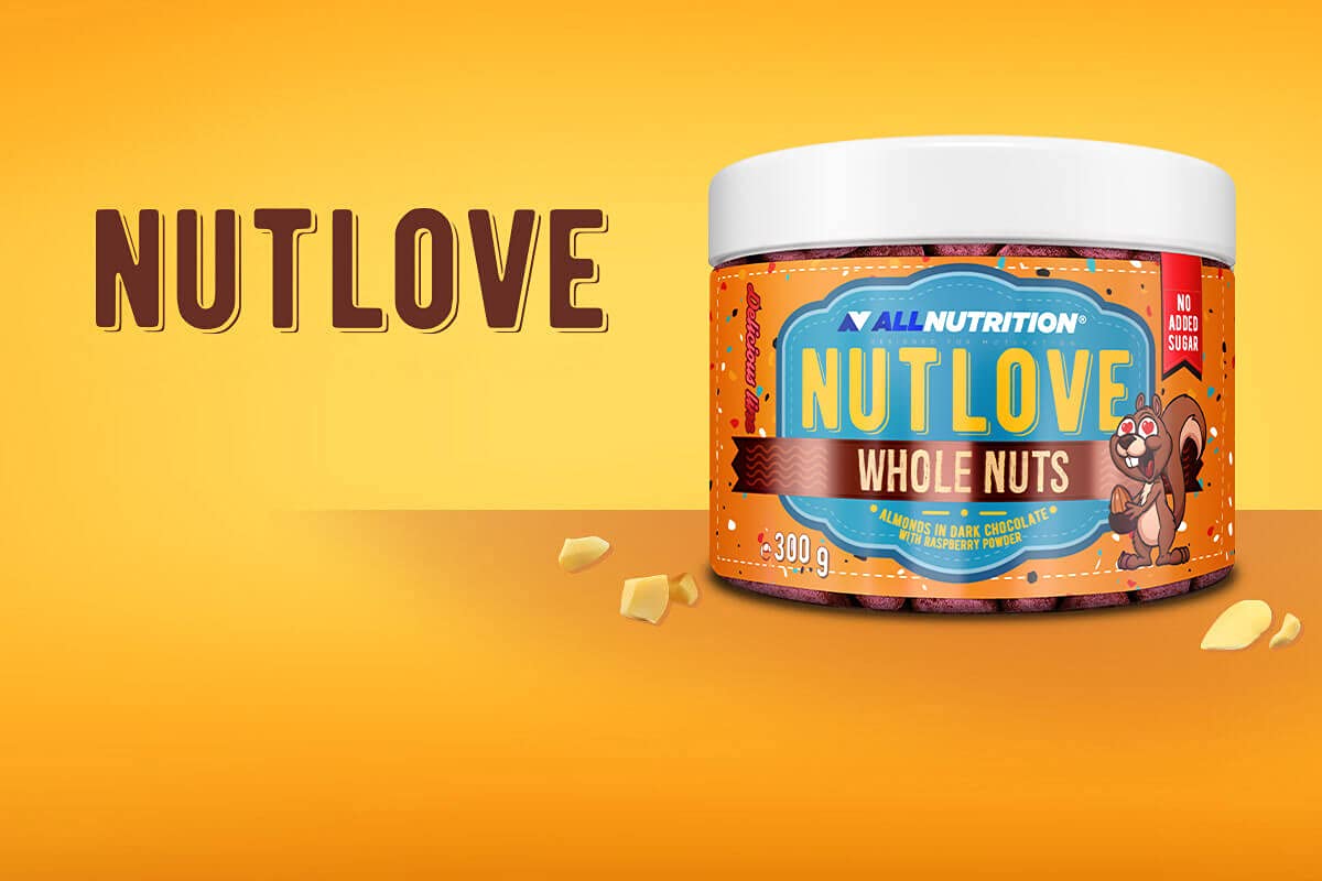 ALLNUTRITION Nutlove Whole Nuts - Almendras en Polvo de Chocolate Negro y Frambuesa - Chocolates sin Azúcar - Chocolate sin Azúcar Agregado - Dulces Bajos en Calorías - Snack Saludable - 300g