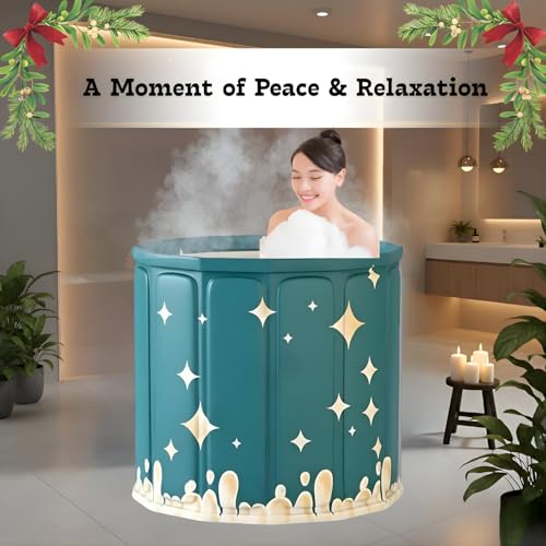 Image of Foldable Adult Bath Tub for Home Spa | Large Portable Bathtub with Backrest & Handle | Insulated Folding Tub for Hot & Cold Soak, Ice Bath, Bubble Bath & Relaxing Spa (Green Star Bathtub)