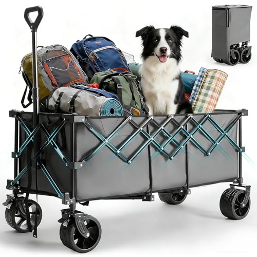 OLIXIS 49" Wagon Cart Collapsible 440lbs Foldable Extra Long Heavy Duty Utility Wagon with Wheels, Portable Storage Grocery Cart for Camping, Shopping, Sports, Beach, Garden, Grey