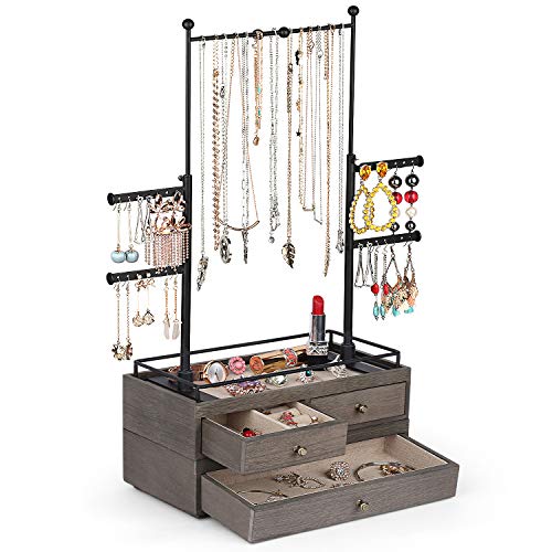 OLAKEE Jewelry Organizer - 2 Layer Wooden Jewelry Drawer Storage Box with 6 Tier Jewelry Tree Stand, Jewelry Display for Necklaces Bracelet Earring Ring Weathered Grey OLAKEE Jewelry Organizer - 2 Layer Wooden Jewelry Drawer Storage Box with 6 Tier Jewelry Tree Stand, Jewelry Display for Necklaces Bracelet Earring Ring Weathered Grey