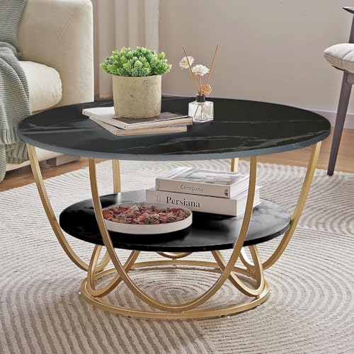 Image of Round Coffee Table Modern Sofa Side End Table for Living Room Center Table with 2 Shelf Storage Wooden Marble Print Tabletop Gold Black