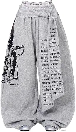 Trendy Women’s Oversized Graphic Print Grunge Sweatpants with Elastic Waist and Cinched Bottoms