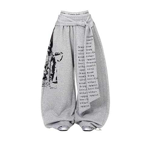 JEFQJDJ Trendy Sweatpants Women Oversized Graphic Print Grunge Pants Elastic Waist Cinched Bottom Streetwear Goth Sweatpants (Medium,White)