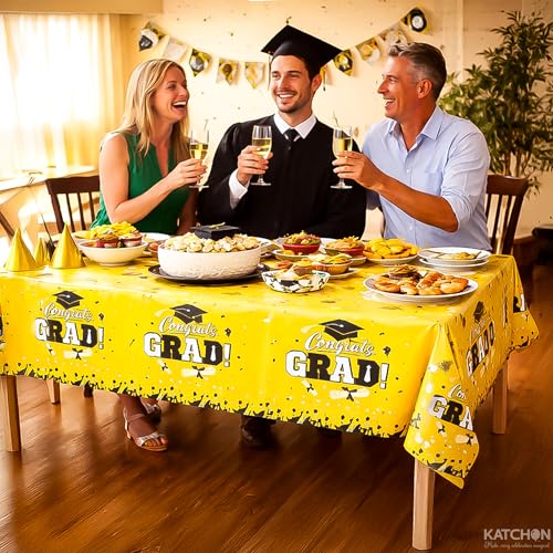 Image of KatchOn Graduation Tablecloth, Pack of 3, 54 x 108 Inches, Graduation Decorations 2026, Yellow Table Cloths, Gongrats Grad Tablecover, Graduation Party Decorations, Graduation Table Decorations 2026