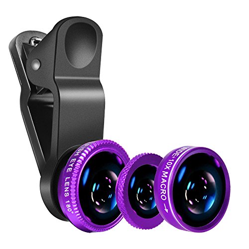 Luxsure Universal 3 in 1 Camera Lens Kit Clip-On 180 Degree Supreme Fisheye + 0.65X Wide Angle+ 10X Macro Lens for iPhone 6s/6s Plus, iPhone 6/6 Plus,iPhone 5 5S 4 4S Samsung HTC Android (Purple)