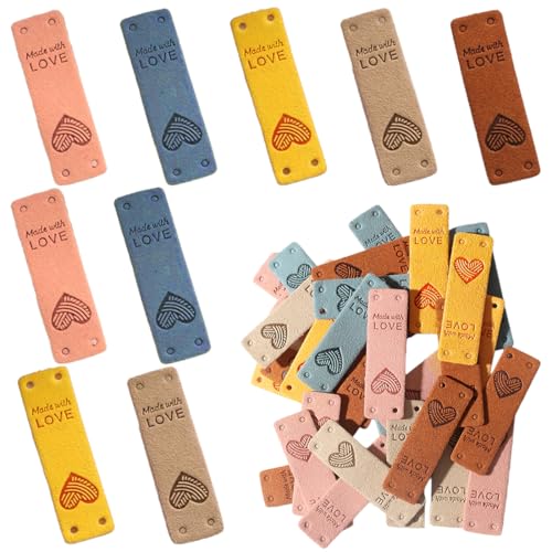 60 Piezas Etiquetas Hechas a Mano para Coser, Etiquetas de Microfibra de Cuero con Agujeros y Corazón de Amor, Para DIY Jeans, Bolsos, Sombreros, Tejido y Ganchillo (50 x 15 mm, 5 Colores)