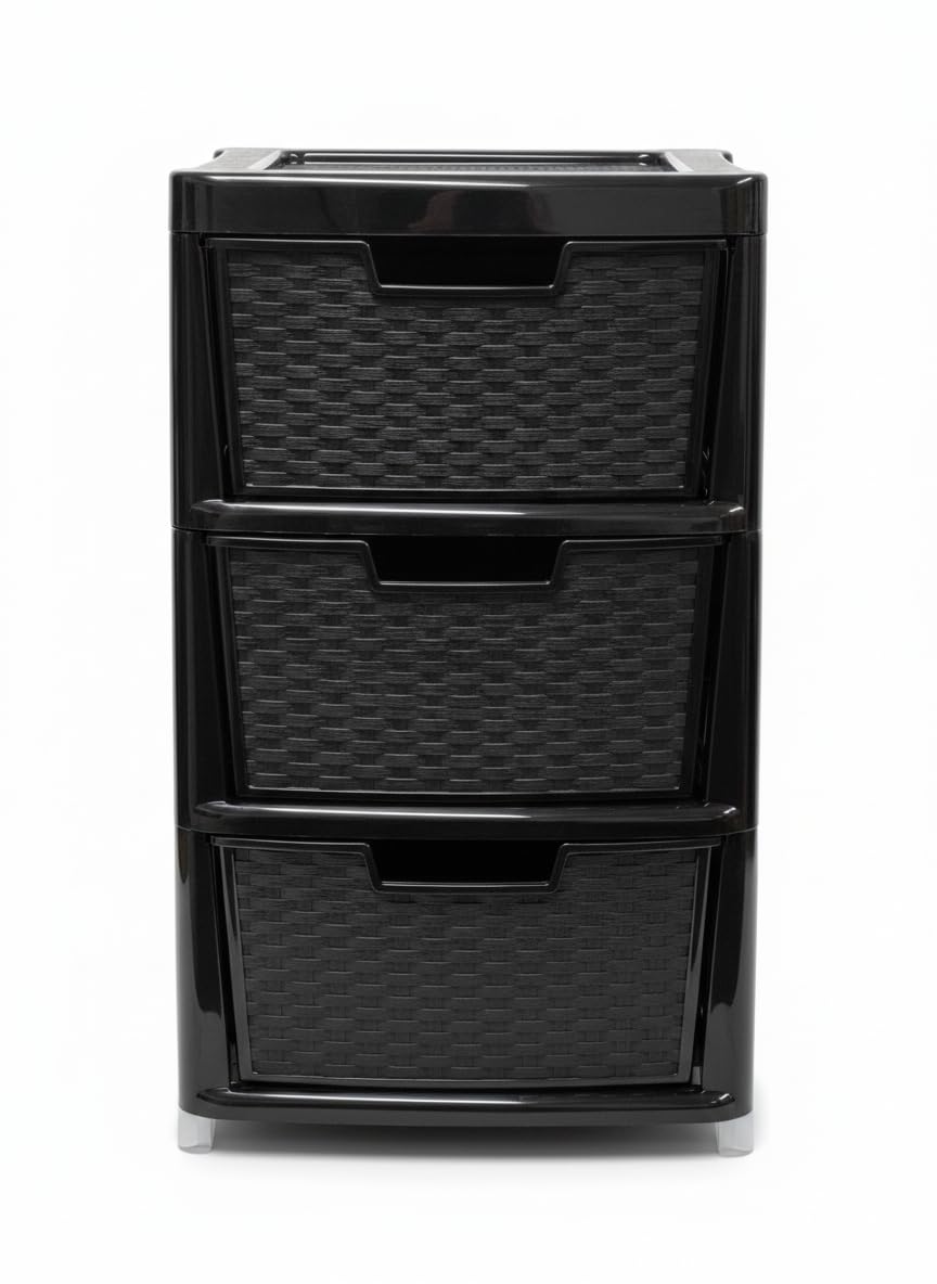 ELMORA'Z Large Storage Drawers Unit Rattan Effects Storage Solution Organizer Tower For Multipurpose Home Kitchen Office Laundry (Rattan Black, 3 Tier)