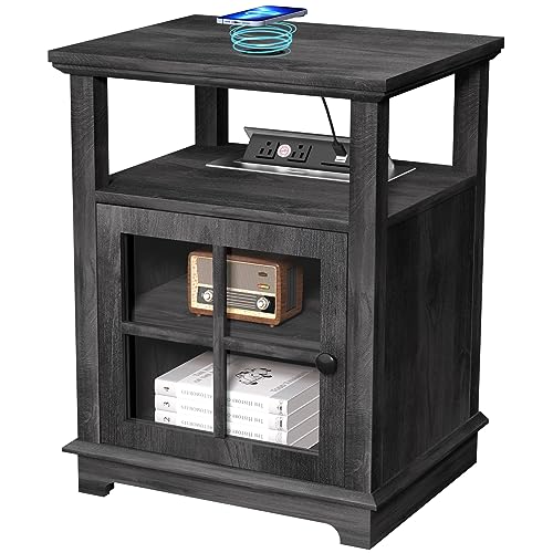 FAGAGA End Table with Charging Station, Side Table with Storage, Black Wireless Charging End Table for Living Room