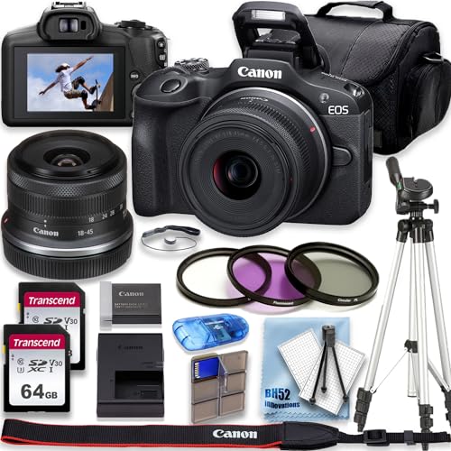 Canon EOS R100 4K Video Recording Mirrorless Camera with 18-45mm Lens, 2 X 64GB Fast Transcend Memory + Deluxe Accessory Bundle (Renewed)