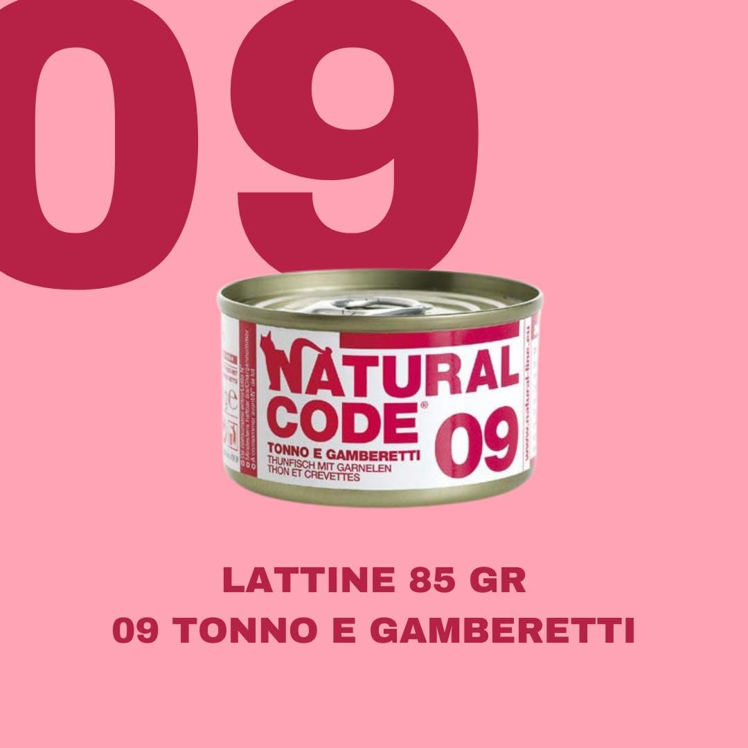 Natural Code - Comida húmeda para gatos adultos con sabor a atún y gambas, número 09, alimento completo en SFILACCETTI para gatos adultos de todas las tallas, altamente digerible | 12 latas de 85