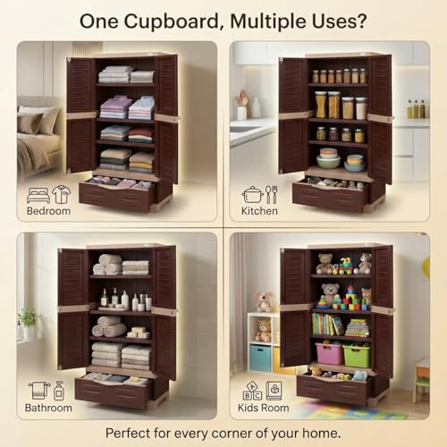 Image of Supreme Furniture Fusion 02 BDR 01 Multipurpose Plastic Cupboard | 40-Months Warranty* | 2 Door Cabinet with 1 Drawer | Spacious Shelves & Center Lock | Big Storage for Bedroom | DIY | Brown Beige