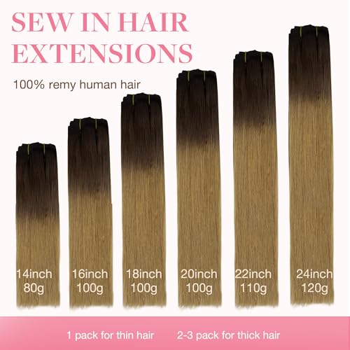 Image of GOO GOO Sew in Hair Extensions Real Human Hair, Weft Hair Extensions Human Hair, 1D /2C /4E Chocolate Dip Color Melt 22inch 110g, Weft Bundles Straight Silky Remy Hair