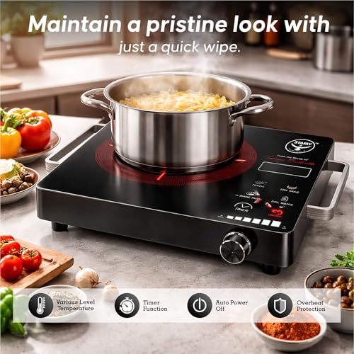 Image of Starly 2000W Infrared Cooktop With Digital Display, Crystal Glass Plate, Digital Display, 4 Preset Cooking Modes, Touch Control, Infrared Hot Plate, Knob temperature control - 1 Year Warranty