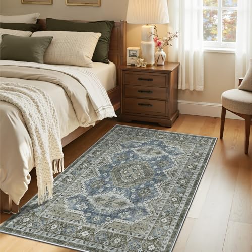 Rugland 4x6 Rug - Stain Resistant Washable Rug, Anti Slip Backing Rugs for Living Room, Vintage Tribal Area Rugs (TPR07-Green, 4'x6')