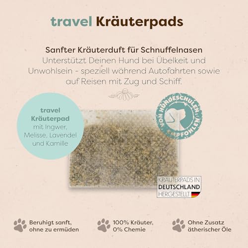 Löwenkind Dogs 100% natürliche Pads für Reiseübelkeit Hunde - wirkungsvolle Entspannung bei Autofahrten (Set mit 6 Kräuterpads und SniffTag, Travel-Pads bei Reiseübelkeit)