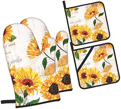 Vibrant Yellow Sunflowers Oven Mitts and Pot Holders Sets 4 Pcs Set, Heat Resistant Soft Cotton Lining with Non-Slip Surface Oven Gloves for Kitchen Cooking Baking BBQ