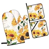 Vibrant Yellow Sunflowers Oven Mitts and Pot Holders Sets 4 Pcs Set, Heat Resistant Soft Cotton Lini