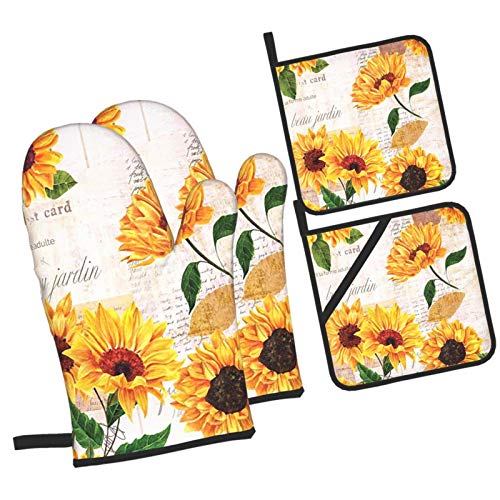 Vibrant Yellow Sunflowers Oven Mitts And Pot Holders Sets 4 Pcs Set, Heat Resistant Soft Cotton Lining With Non-Slip Surface Oven Gloves For Kitchen Cooking Baking Bbq #TOP1