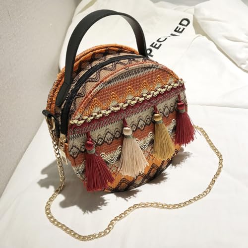 Chinese Ethnic Style Round Bag - Straw Weave, Chain Strap, Crossbody and Handheld, Phone Holder, Large Capacity, Bohemian Style, Gift For Lady, Woman, Girl2