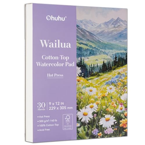 Ohuhu Cotton-Top Watercolor Paper Pad, 9x12 Hot Press, 140lb/300gsm Heavyweight, 20 Sheets/40 Pages – Patented Cotton-Coated Surface for Watercolor, Gouache, Ink & Acrylic