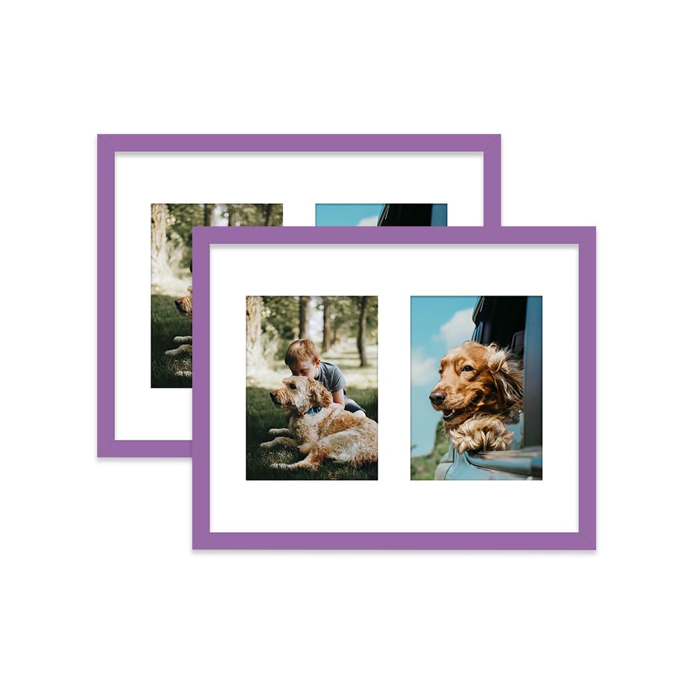 Purple Multi Photo Frame - Holds 2 x 7x5 Pictures, Family Collage Picture Frame for Wall Display, 14x11 Frame size, Set of 2