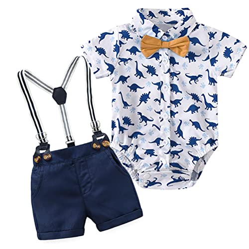 Volunboy Bimbo Neonato Completini e Coordinati Gentiluomo, Fiocco Camicia e Bretelle Pantalocini(3-6 mesi,Dino Blu,Taglia 59)