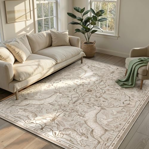 Lahome 5x7 Washable Area Rug for Living Room, Woodland Deer Boho Animal Rug, Vintage Botanical Beige Non-Slip Low Pile Large Carpet for Bedroom Dining Room Nursery Farmhouse Decor