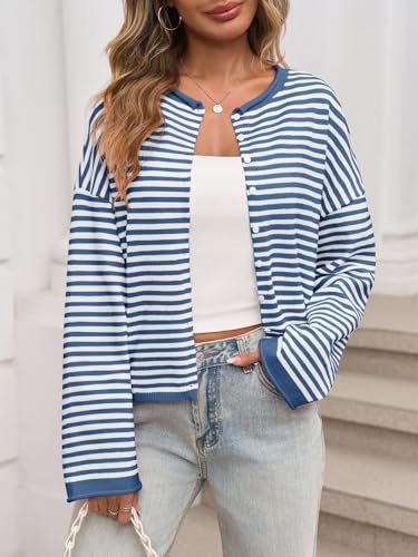 Image of Saodimallsu Womens Striped Cardigan Casual Long Sleeve Open Front Button Down Loose Knit Lightweight Fall Sweaters