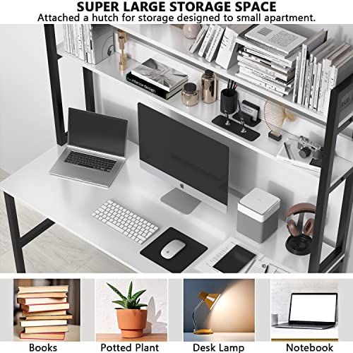 Aquzee Computer Desk With Hutch And Bookshelf, 47 Inches White Home Office Desk With Space Saving Design, Metal Legs Table Desk With Upper Storage Shelves For Study Writing/Workstation, Easy Assemble #TOP4